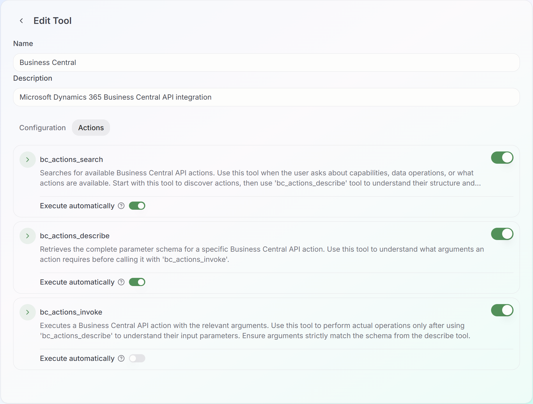 Business Central Tool Actions in nunq